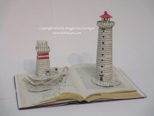 Altered book art, Gardur Light House Old and New by Virginia Beach artist, Maggie Kerrigan