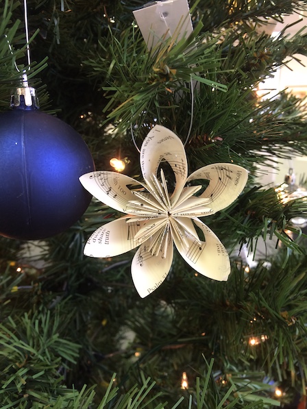 Ornament made from paper of a hymnal.