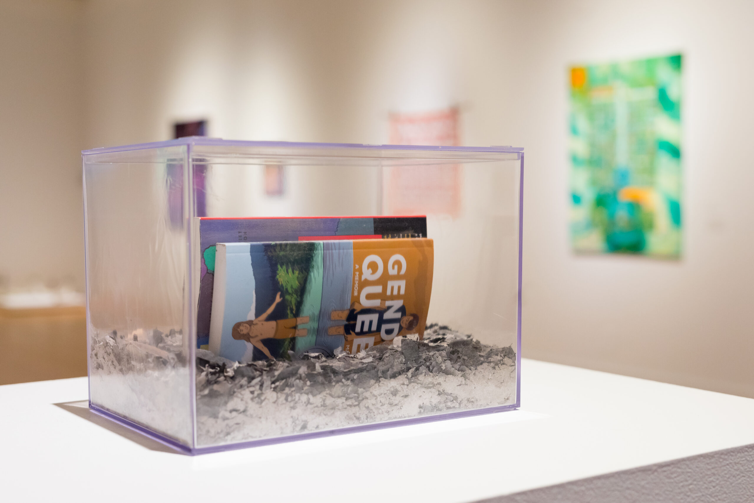 Rise from the Ashes is an artwork by Maggie Kerrigan that consists of two banned books and the ashes of 7 burned books in a lucite box.