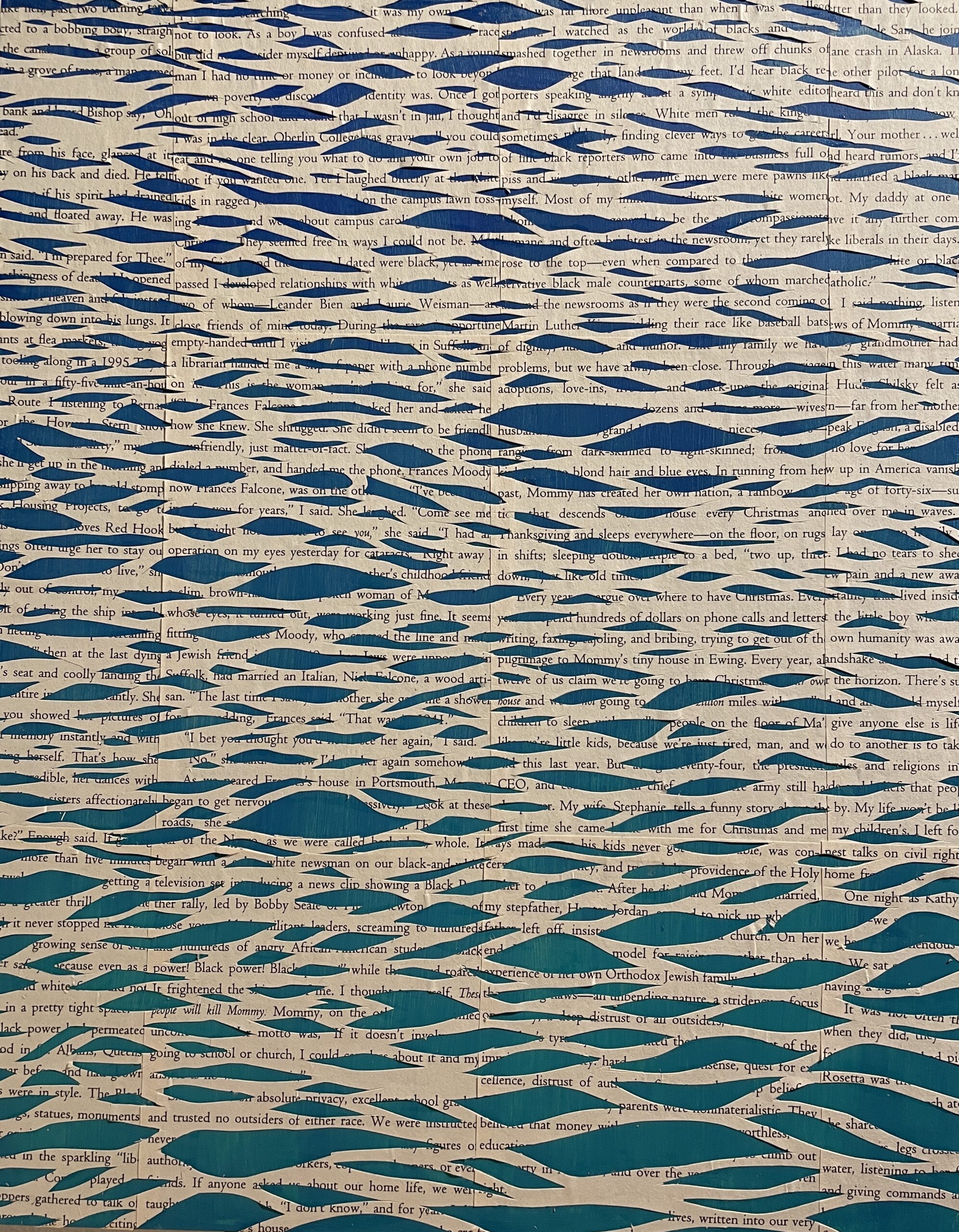 An artwork that looks like the water of the Chesapeake Bay but is paper from a book that has been cut with a painted surface showing through.
