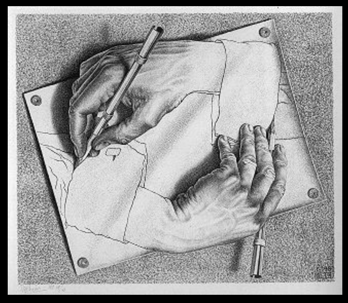The original image of M. C. Escher's artwork called "Drawing Hands" in which two hands appear to be 3D and drawing each other.