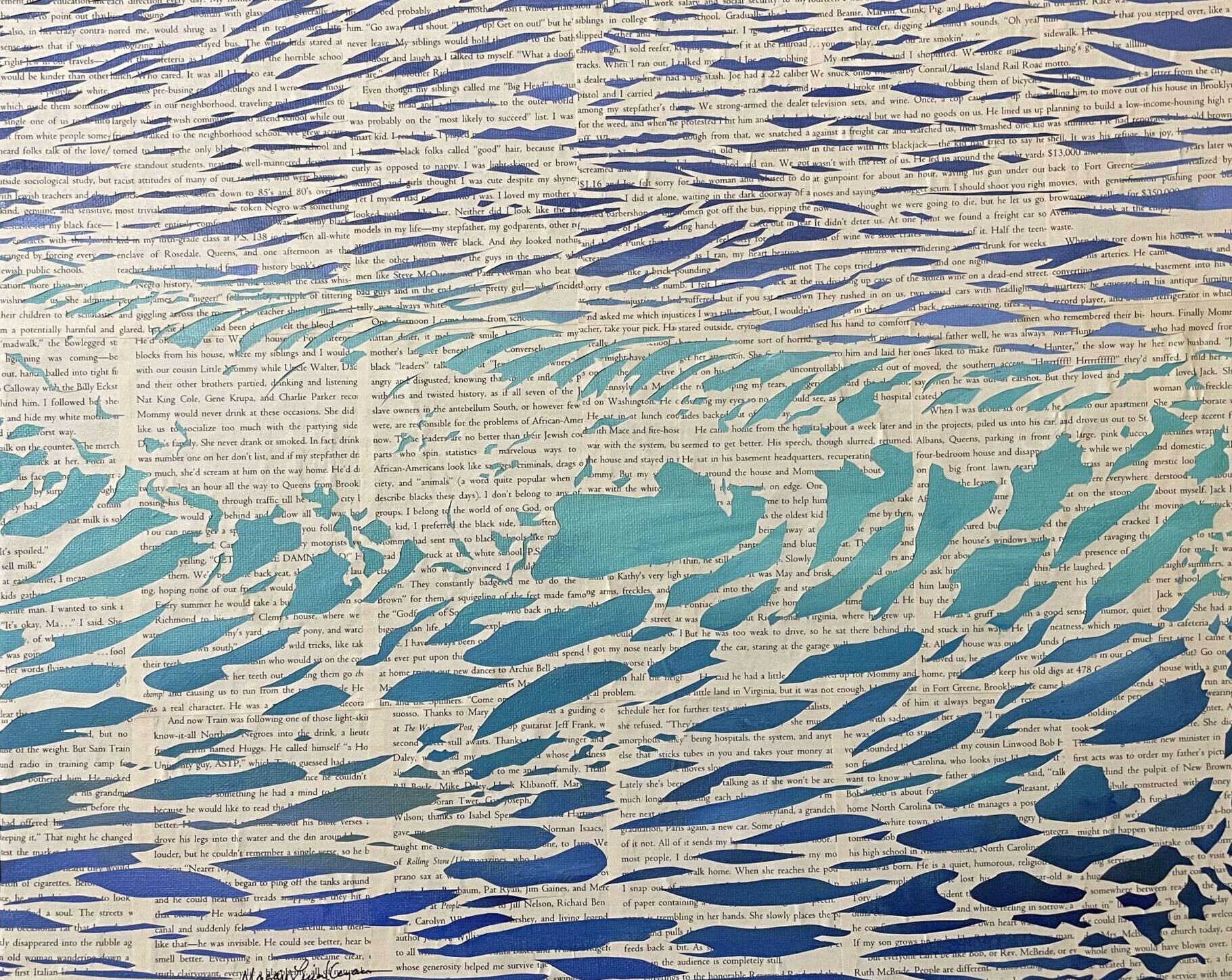 Artwork by Maggie Kerrigan of an ocean wave created with paper from a book.