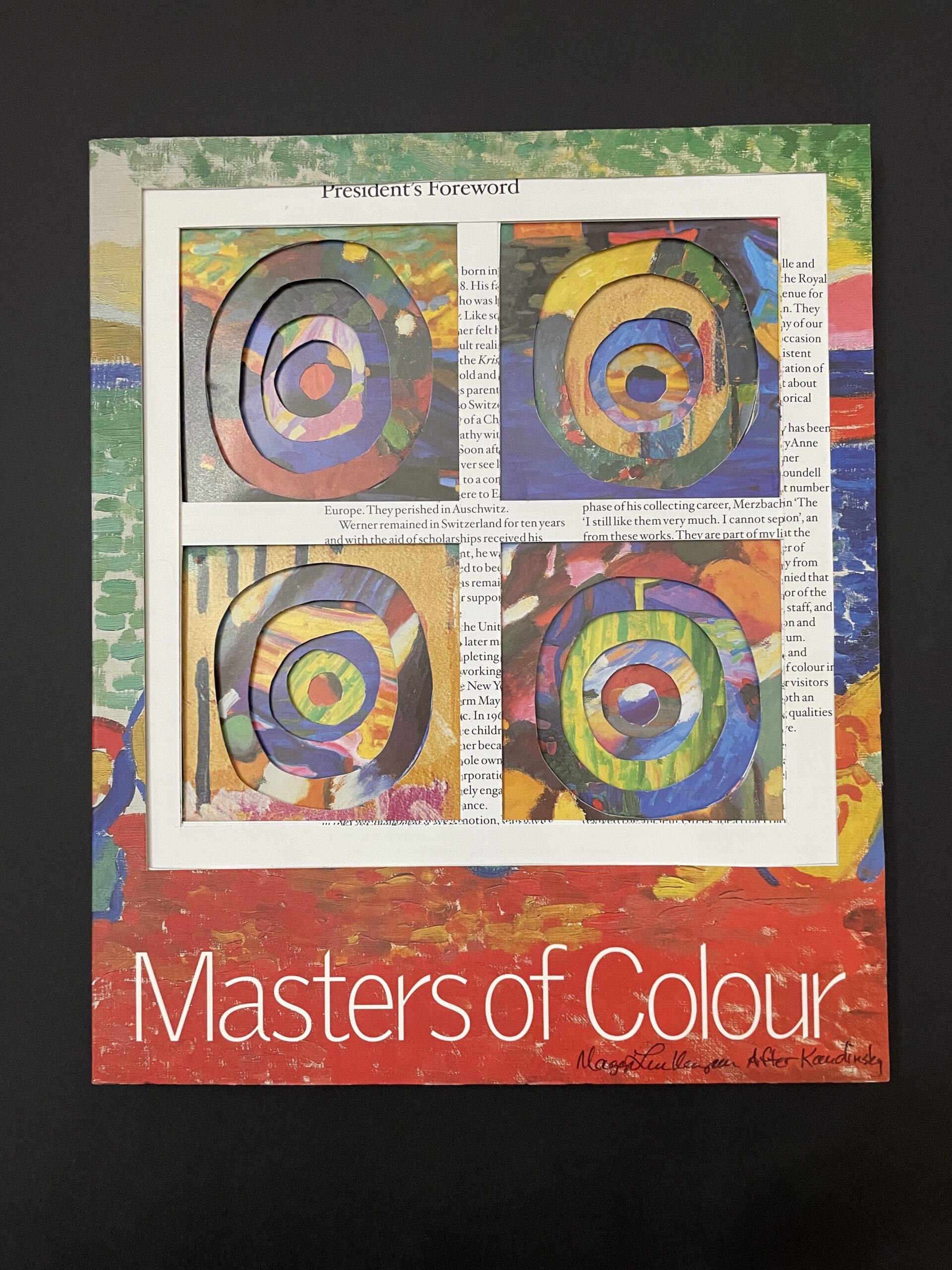 An artwork by Maggie Kerrigan-- a book about painters that has been carved to emulate the Color Study by Kandinsky.