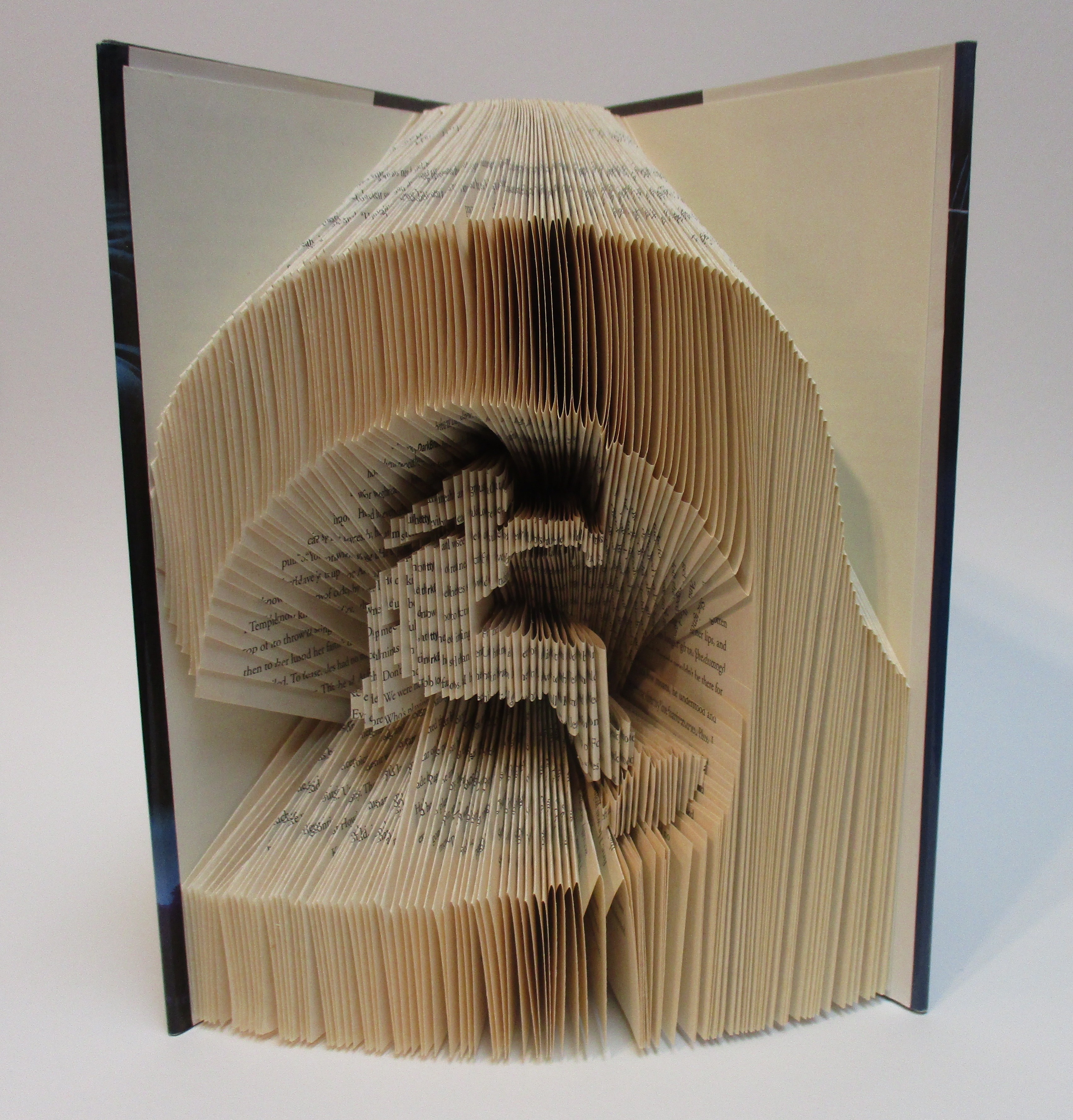 An artwork by Maggie Kerrigan of a book that has the pages folded so that you see a surfer inside the barrel of a wave.